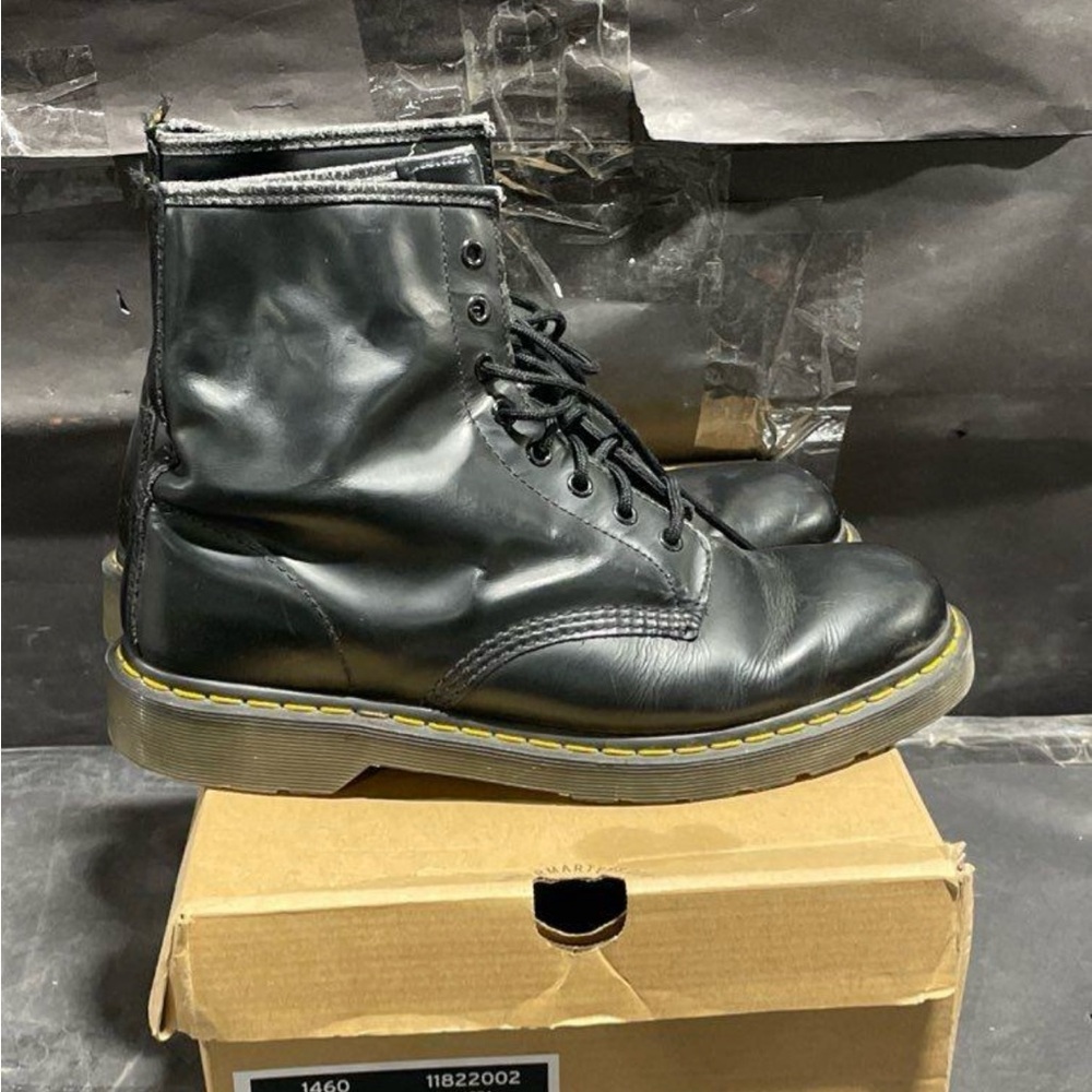 Dr. Martens Black Leather Combat Boots with Yellow Stitching